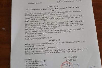 Quyết định về việc công bố công khai dự toán ngân sách năm 2019 của trường THCS Bình Hòa